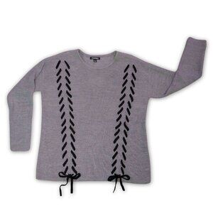 Womens Roz & Ali braided bow Crew Neck Grey Cozy Sweater Lacing Trim Y2K Size L